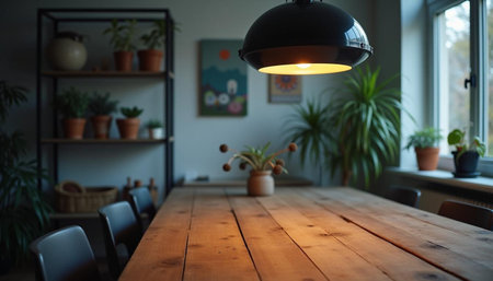 Wooden table and black lamp in the living room at home.の写真素材