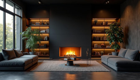 Modern living room interior design with fireplace and bookshelf. 3D rendering