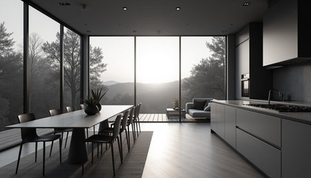 3d rendering of modern kitchen and dining room with beautiful landscape viewの写真素材