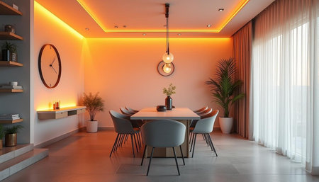 Interior of modern dining room with orange wall, 3d renderの写真素材