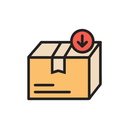 Cardboard box with download arrow flat icon. Single high quality outline symbol for web design or mobile app.のイラスト素材