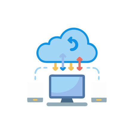 Cloud computing flat color icon. Vector illustration with computer, cloud and arrowsのイラスト素材