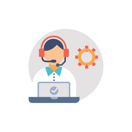 Technical support icon in flat color style. Call center operator with laptopのイラスト素材