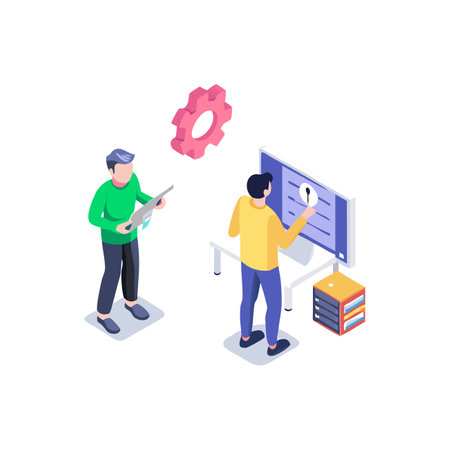 Programmer isometric concept with man and woman working with code on computer vector illustrationのイラスト素材