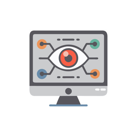 Eye on computer screen icon in flat color style. Data analysis informationのイラスト素材