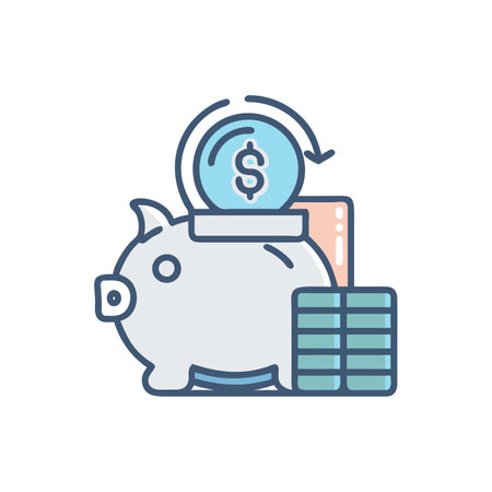 Piggy bank with coins and stack of dollars. Vector line icon.のイラスト素材