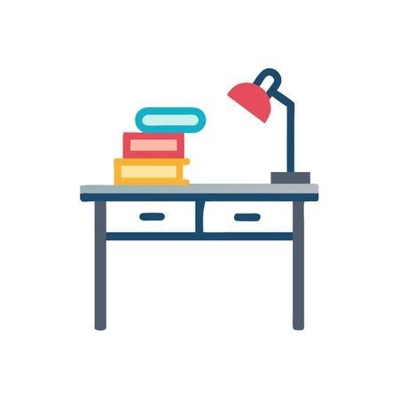 Desk with books and lamp icon. Flat color design. Vector illustration.のイラスト素材