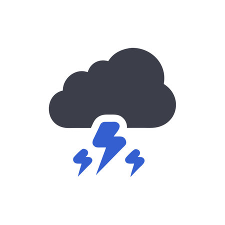 Cloud with lightning icon in flat style. Weather forecast vector illustration on white isolated background. Thunderstorm business concept.のイラスト素材