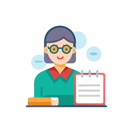 Teacher vector illustration in flat color style. Woman teacher with notebookのイラスト素材