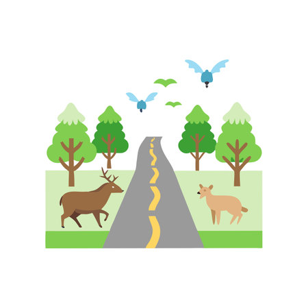Road with deer and birds in the forest. Vector illustration in flat styleのイラスト素材