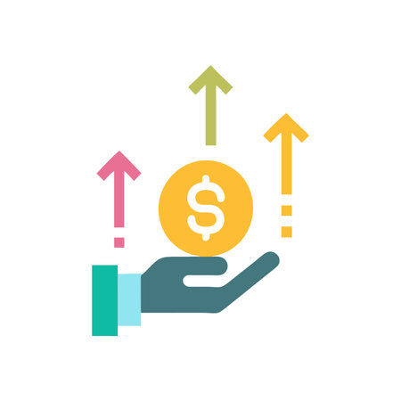 Dollar coin in hand icon. Flat color design. Vector illustration.のイラスト素材