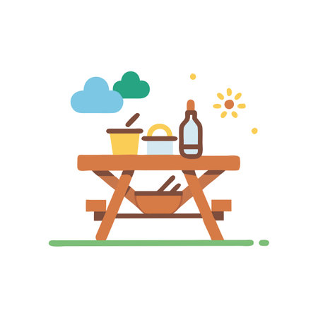 Picnic table with food and drinks in flat style. Vector illustration.のイラスト素材