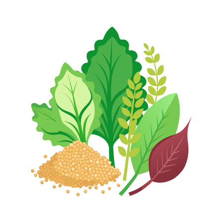 Mustard seeds and green leaves. Vector illustration isolated on white background.のイラスト素材