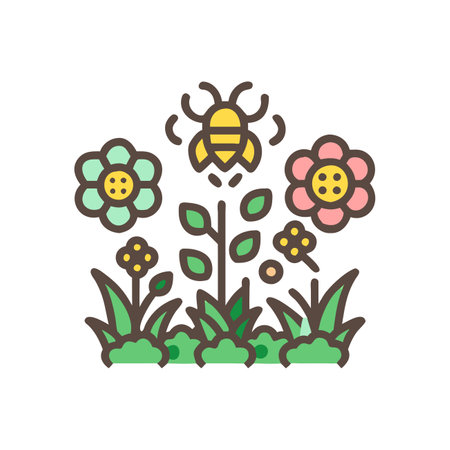 Flowers and bee line icon, outline vector sign, linear colorful pictogram isolated on white.のイラスト素材