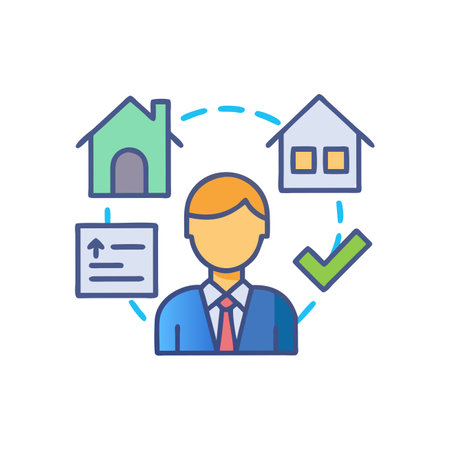 Real estate agent flat color line icon. Vector illustration of real estate agent with house and check mark.のイラスト素材