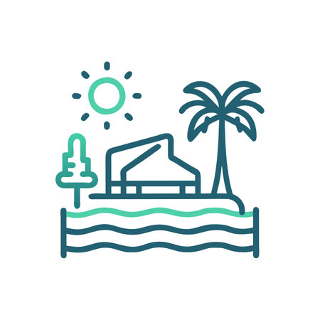 Palm tree, bungalow, beach vector line icon.のイラスト素材