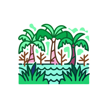 Palm trees in the jungle. Vector illustration in flat style.のイラスト素材
