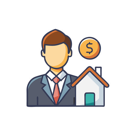 Real estate agent flat color icon. Businessman with house and coin. Vector illustrationのイラスト素材