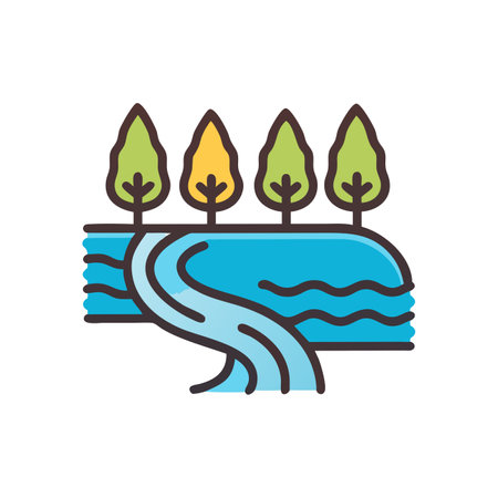river and forest line icon, vector illustration, editable stroke.のイラスト素材