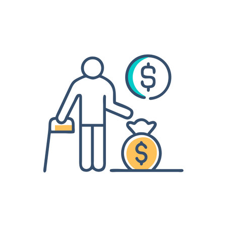 Elderly man with crutches and money bag vector line iconのイラスト素材