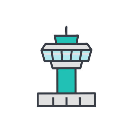Airport control tower icon in flat color style. Vector illustration.のイラスト素材