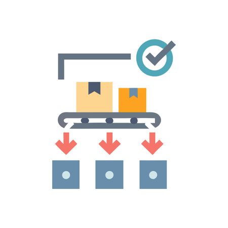 Boxes on conveyor line icon in flat color style. Logistics distributionのイラスト素材
