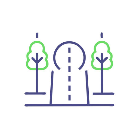 Road and trees line icon. Editable stroke. Vector illustration.のイラスト素材