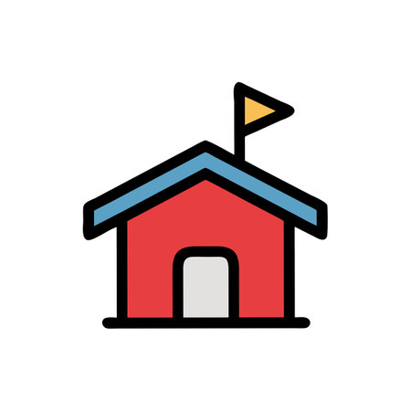 School building vector illustration, filled flat design icon editable outline.のイラスト素材