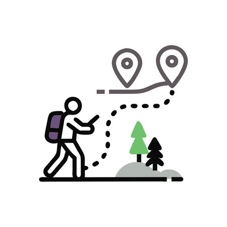 Tourist with a backpack walking through the forest. Vector illustration.のイラスト素材