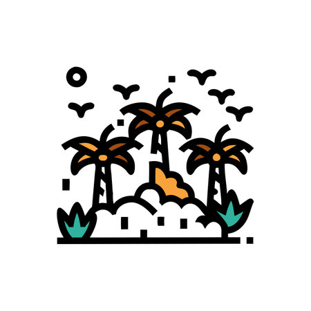 Tropical beach, palm trees and seagulls flat vector iconのイラスト素材