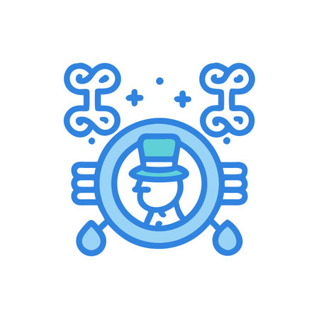 Handsome man in a hat with a beard and curly hair is looking through the magnifying glass. Vector linear icon.のイラスト素材