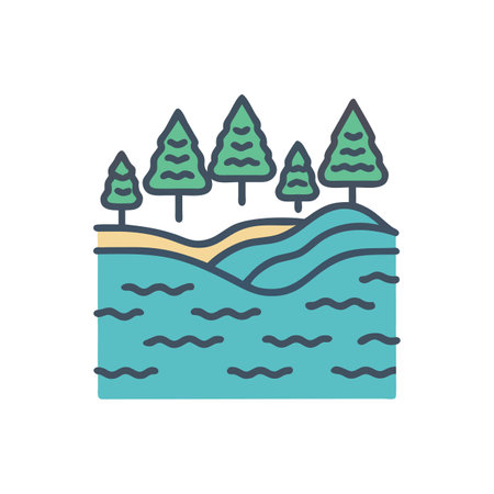 landscape with trees and lake, line icon, vector illustration, editable stroke.のイラスト素材