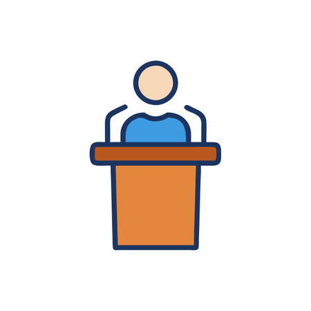 Speaker speaking from tribune flat color icon. Vector illustration.のイラスト素材