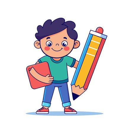 Cute little schoolboy holding a big pencil. Vector illustration.のイラスト素材