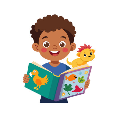 Cute African American boy reading a book and playing with a toy duck and a rooster vector Illustrationのイラスト素材