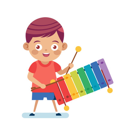 Cute boy playing a xylophone. Vector illustration in cartoon style.のイラスト素材