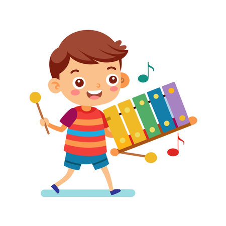 Cute little boy playing xylophone. Vector illustration in cartoon style.のイラスト素材