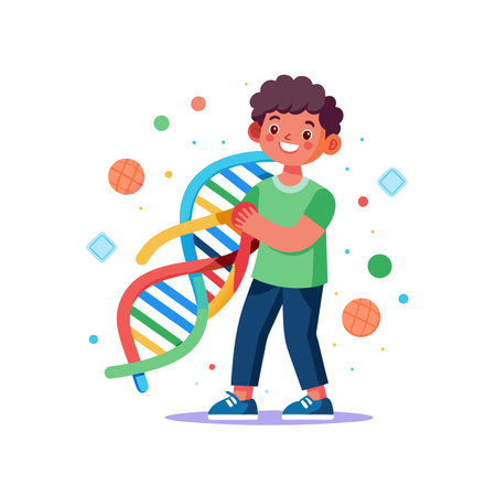 Cute little boy playing with dna molecule vector Illustration.のイラスト素材