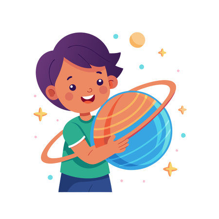 Cute boy holding planet in hands, cartoon vector illustration isolated on white background.のイラスト素材