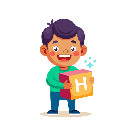 Cute little boy holding cube with letter H. Vector illustration.のイラスト素材