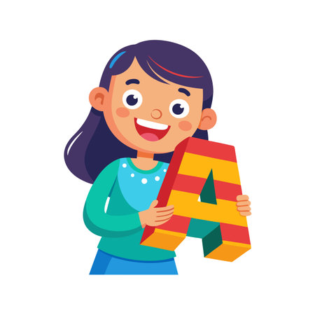 Cute Little Girl Holding Alphabet Letter A, School Kid Character Vector Illustrationのイラスト素材