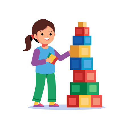 Little girl reading a book and building a tower of cubes. Vector illustration.のイラスト素材