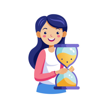 Cute Girl Holding Hourglass, Time Management Concept Cartoon Vector Illustrationのイラスト素材
