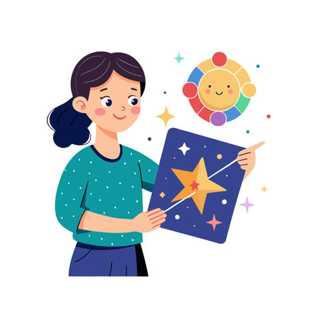 Cute girl holding a star in her hands. Vector illustration.のイラスト素材