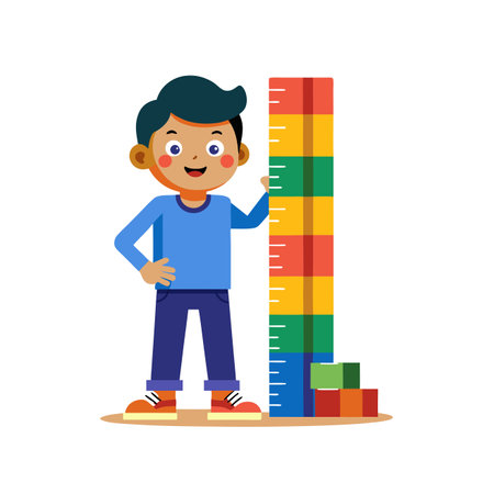 Boy standing with a ruler and colorful cubes vector Illustration on a white backgroundのイラスト素材