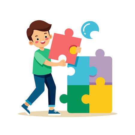 Little Boy Holding Jigsaw Puzzle Pieces, Kid Solving Problem, Solving Problem Vector Illustrationのイラスト素材