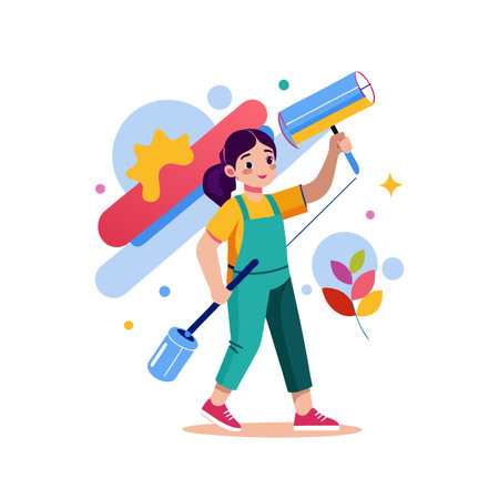 Girl painter holding paint roller and brush. Vector illustration in flat styleのイラスト素材