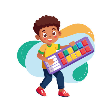 Cute African American Boy Playing Colorful Toy Blocks Vector Illustrationのイラスト素材