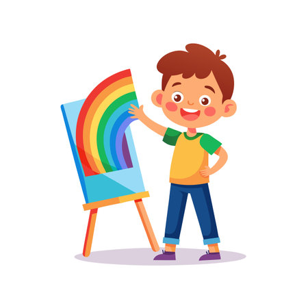 Cute little boy painting a rainbow on easel vector Illustrationのイラスト素材