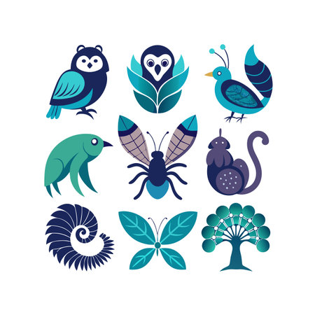 Set of cute birds, animals and plants. Vector illustration in flat style.のイラスト素材